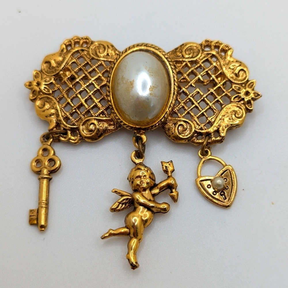 Vintage Goldette Charm Brooch Victorian Revival Dangles Pin
